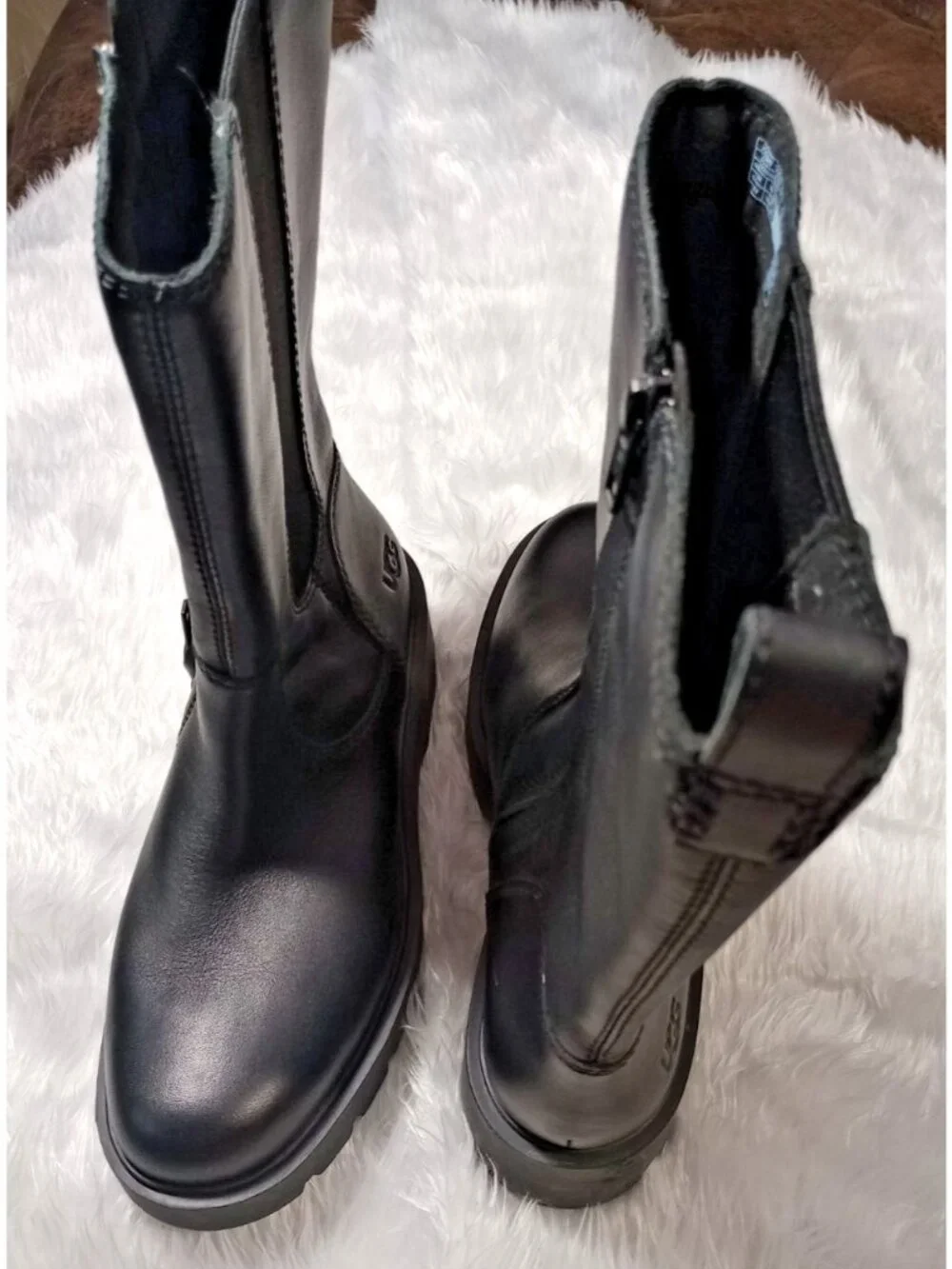 New Women's Black Ugg Boots Leather Biker Moto Waterproof Size 8.5